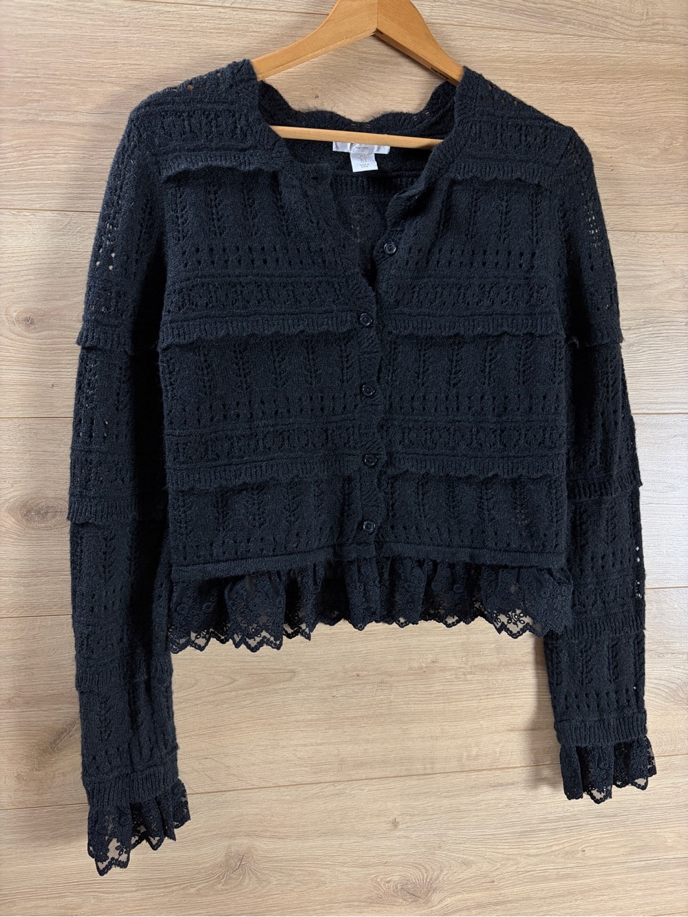 Caroline Constas Black Lace-Trim Knit Cardigan Sweater Romantic Cottagecore